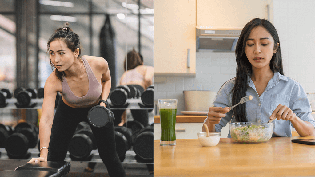 Ilustrasi diet alami tanpa olahraga – wanita duduk santai dengan pakaian kasual sambil memegang apel dan air mineral, melambangkan gaya hidup sehat untuk menurunkan berat badan tanpa aktivitas fisik berat.