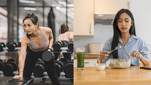 Ilustrasi diet alami tanpa olahraga – wanita duduk santai dengan pakaian kasual sambil memegang apel dan air mineral, melambangkan gaya hidup sehat untuk menurunkan berat badan tanpa aktivitas fisik berat.